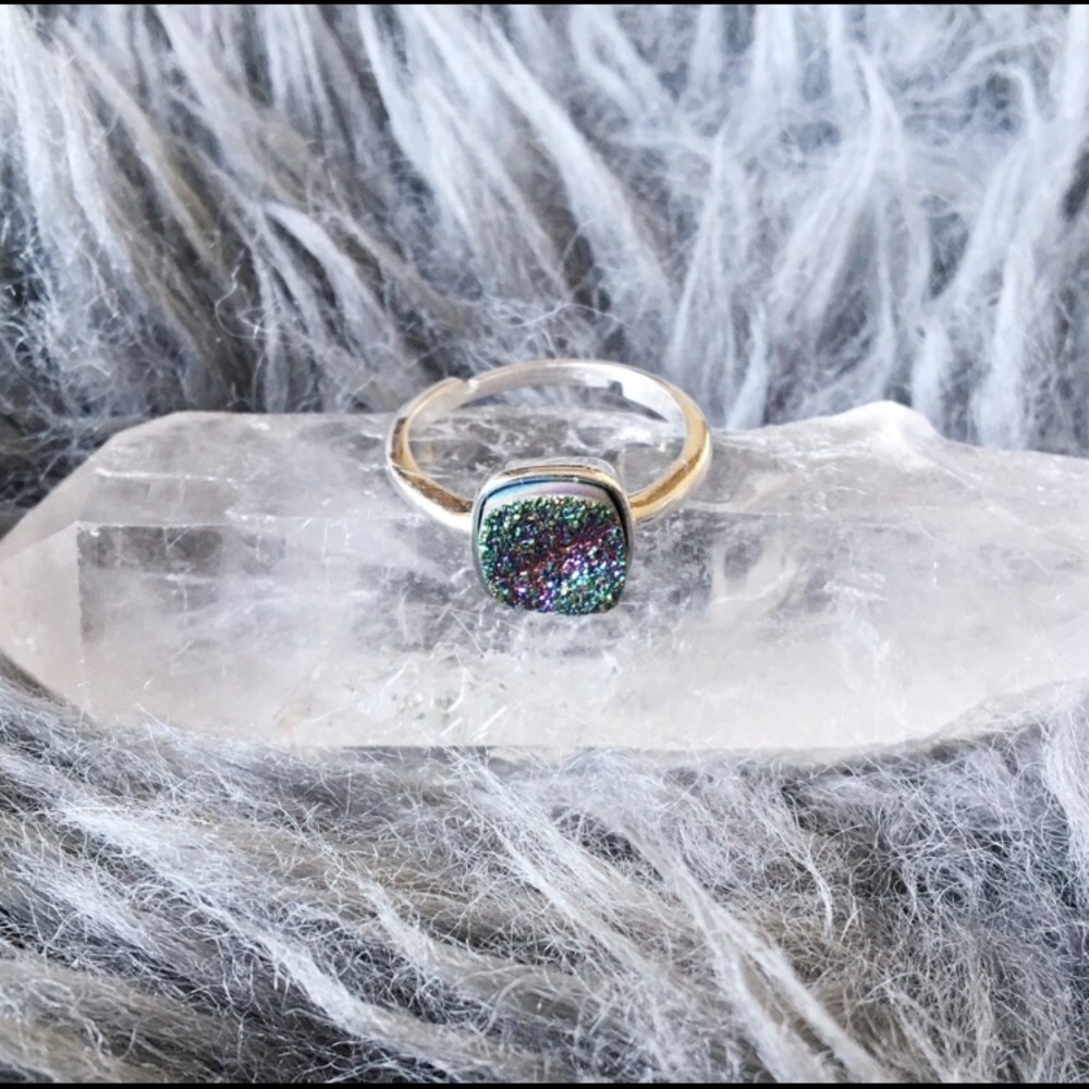 🌈 Rainbow Druzy adjustable silver ring ✨